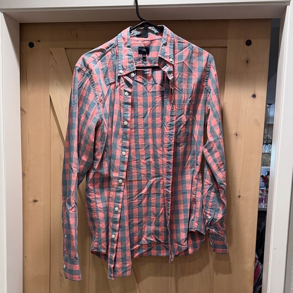 J. Crew Coral and Gray Plaid Shirt